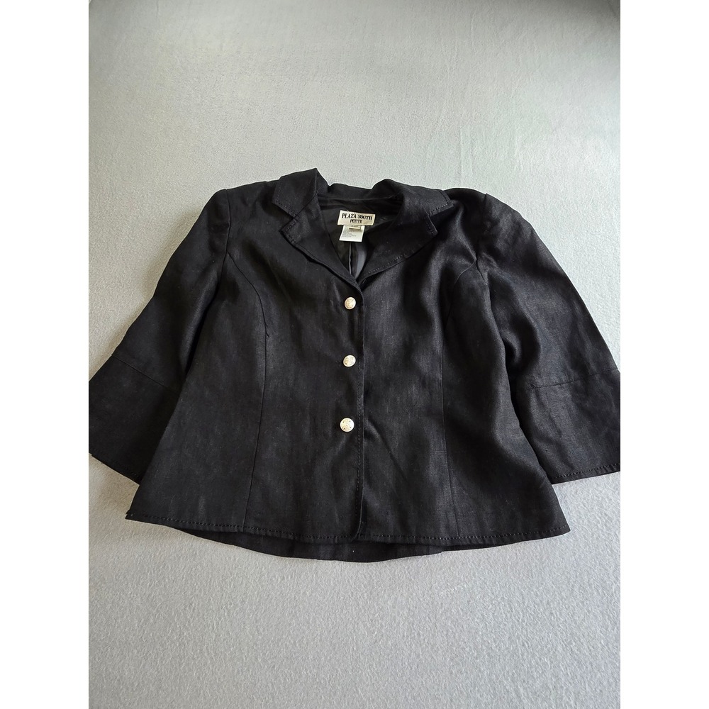 Plaza South Petite Blazer Womens 12P Black 100% Linen Ornate Button 3/4 Sleeve
